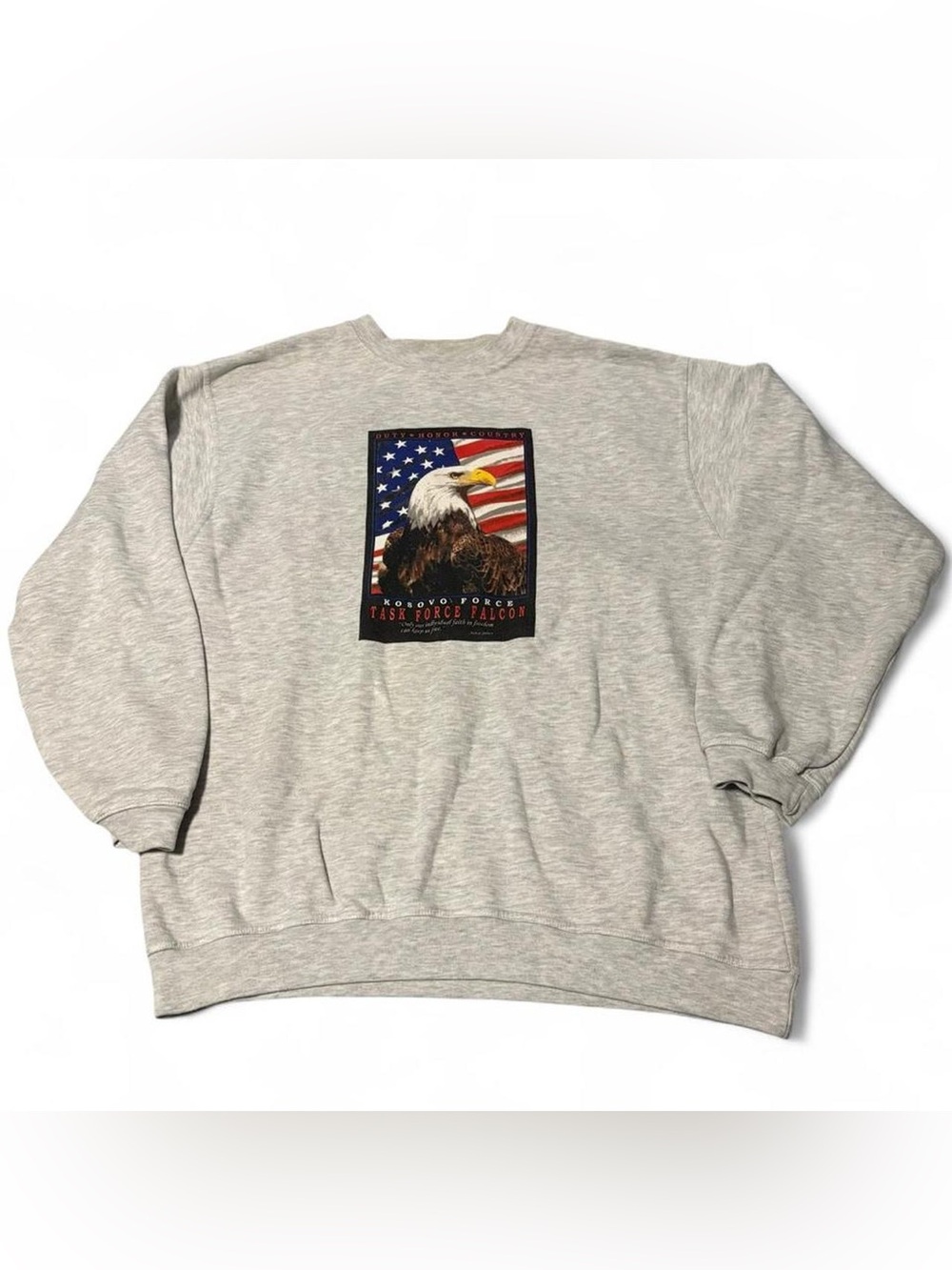 Gray crewneck sweatshirt with kosovo force task force falcon graphic